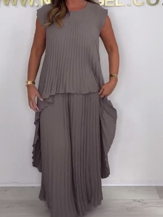 Laney Irregular Midi Top with Pleated Short Sleeves and Elastic Waist Wide Leg Pants Set