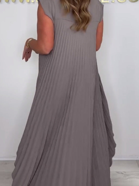 Laney Irregular Midi Top with Pleated Short Sleeves and Elastic Waist Wide Leg Pants Set