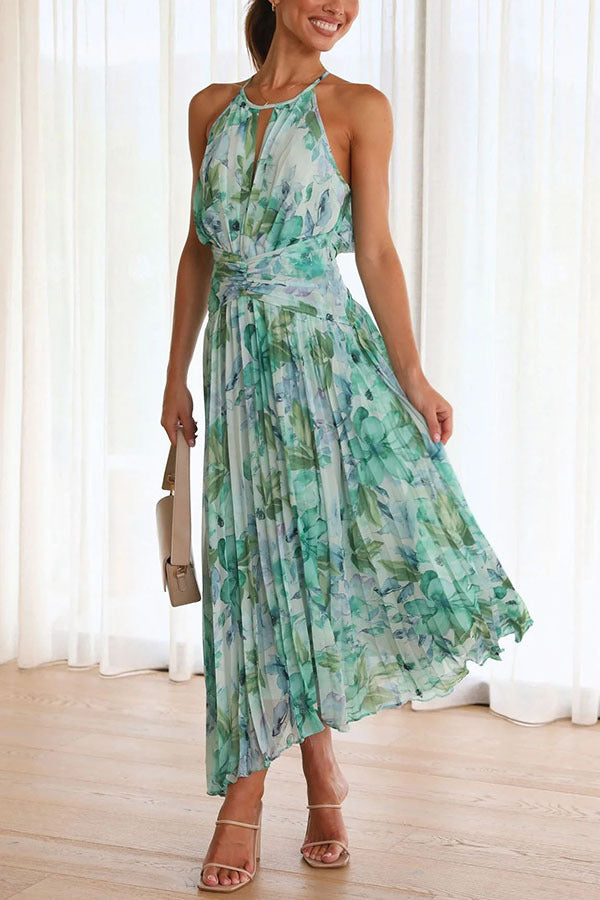 Chic Floral Midi Dress with Pleated Details