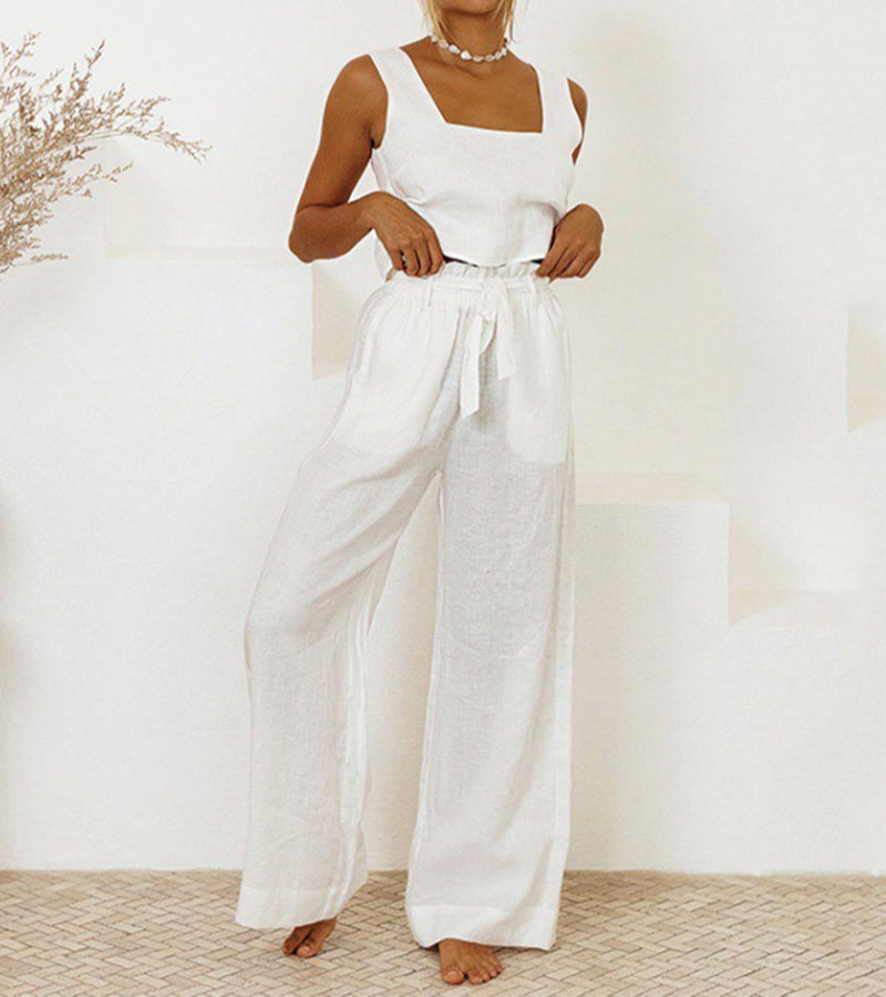 Milena - Sleek Minimalist Top with Wide-Leg Trousers Ensemble