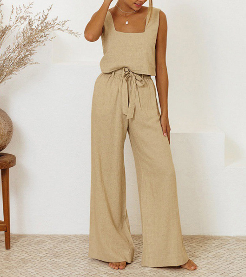 Milena - Sleek Minimalist Top with Wide-Leg Trousers Ensemble