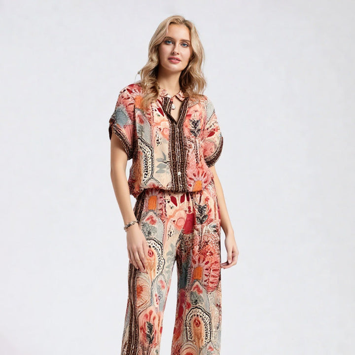 Women's Floral Print Top and Wide-Leg Pants Duo