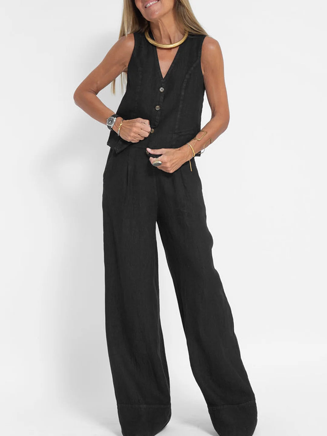 Stylish Aira Button-Up Vest and Wide-Leg Trouser Ensemble