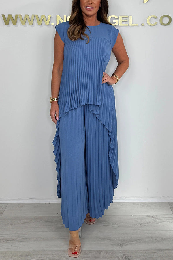 Laney Irregular Midi Top with Pleated Short Sleeves and Elastic Waist Wide Leg Pants Set