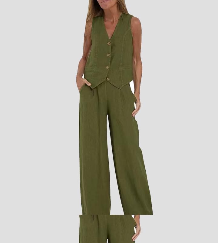 Stylish Aira Button-Up Vest and Wide-Leg Trouser Ensemble