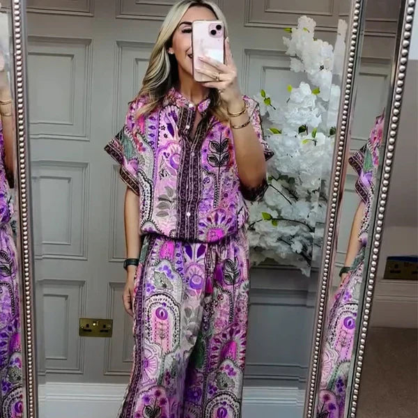 Women's Floral Print Top and Wide-Leg Pants Duo