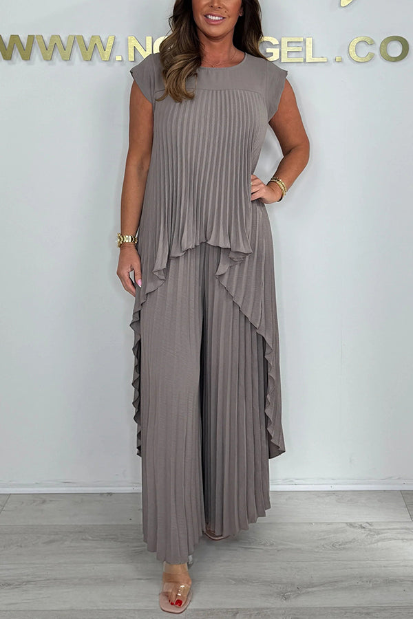 Laney Irregular Midi Top with Pleated Short Sleeves and Elastic Waist Wide Leg Pants Set