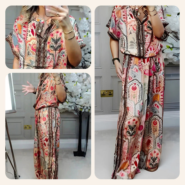 Women's Floral Print Top and Wide-Leg Pants Duo