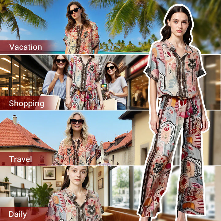 Women's Floral Print Top and Wide-Leg Pants Duo