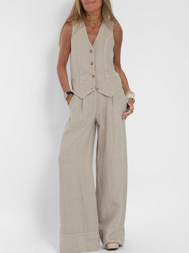Stylish Aira Button-Up Vest and Wide-Leg Trouser Ensemble