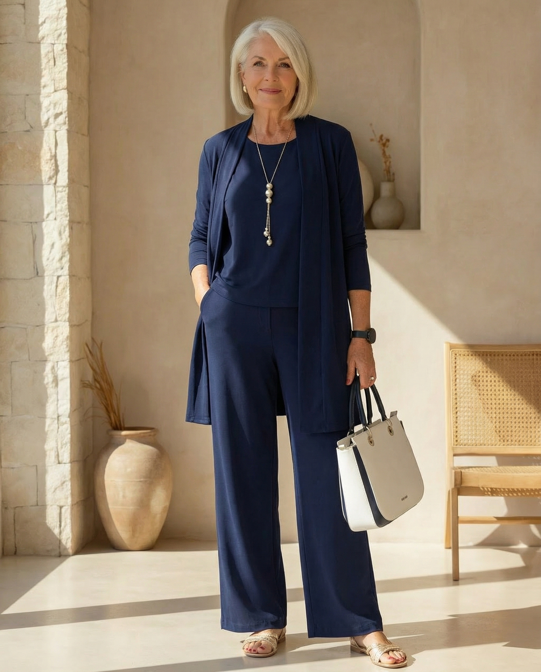 Chic 3-Piece Ensemble: Long Cardigan, Stylish Top, and Tailored Pants