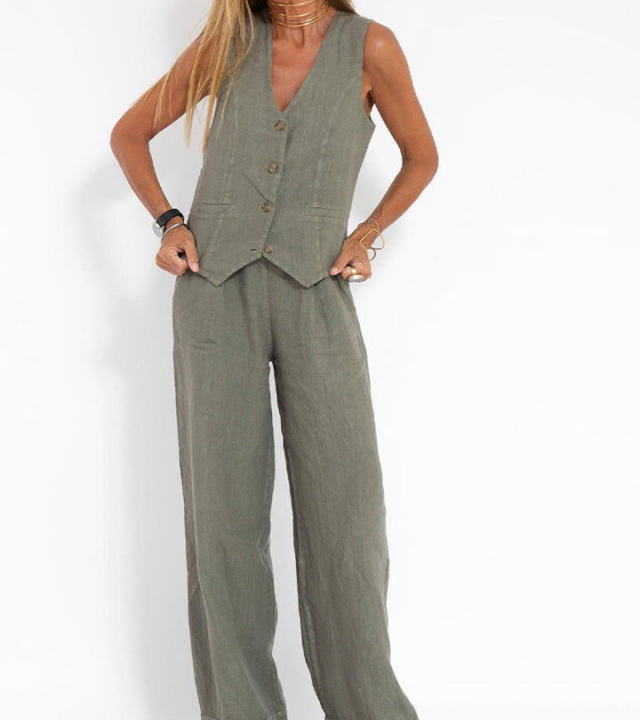 Stylish Aira Button-Up Vest and Wide-Leg Trouser Ensemble