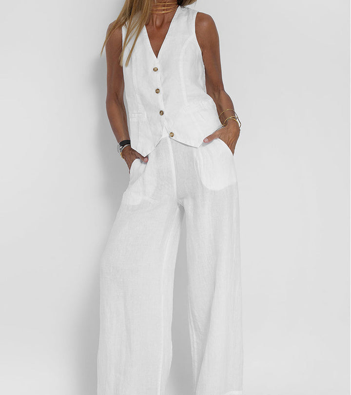 Stylish Aira Button-Up Vest and Wide-Leg Trouser Ensemble