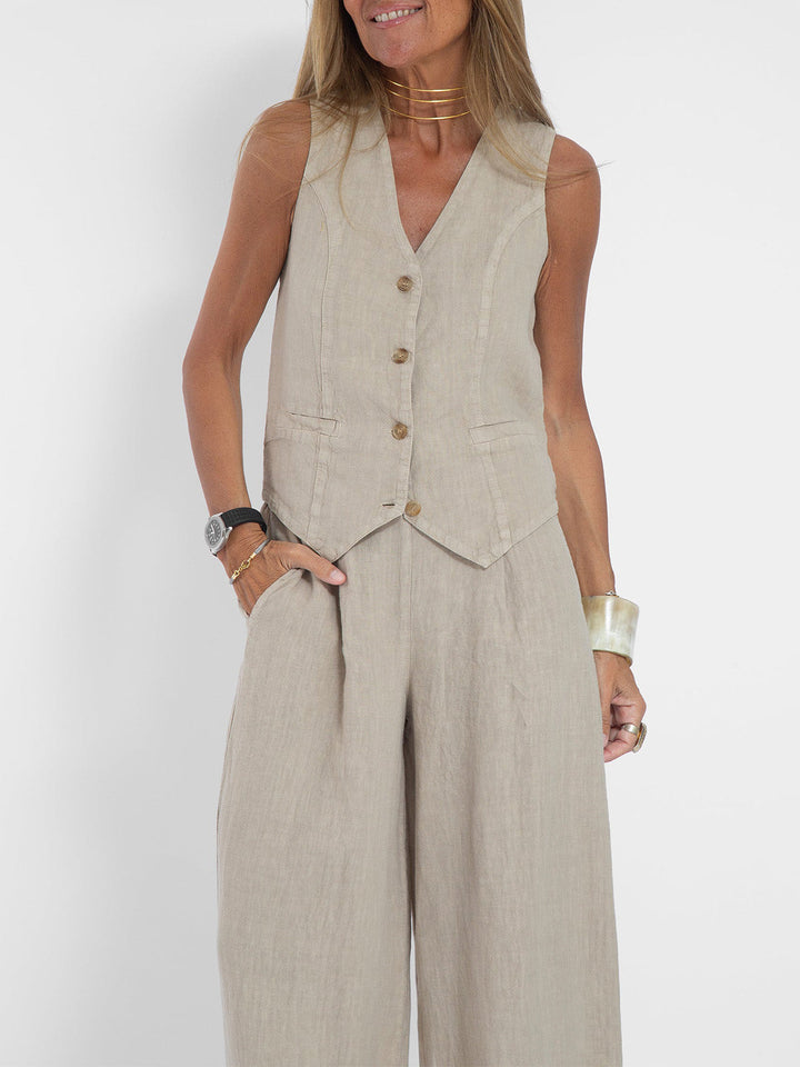 Stylish Aira Button-Up Vest and Wide-Leg Trouser Ensemble