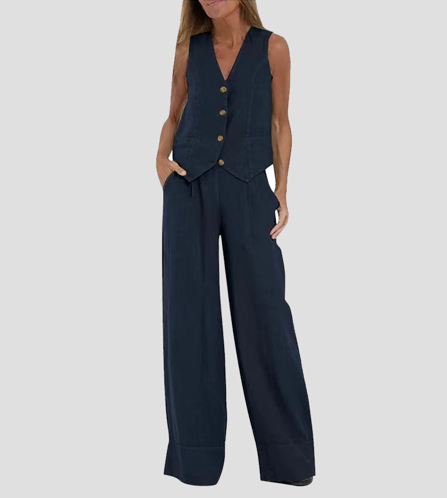 Stylish Aira Button-Up Vest and Wide-Leg Trouser Ensemble