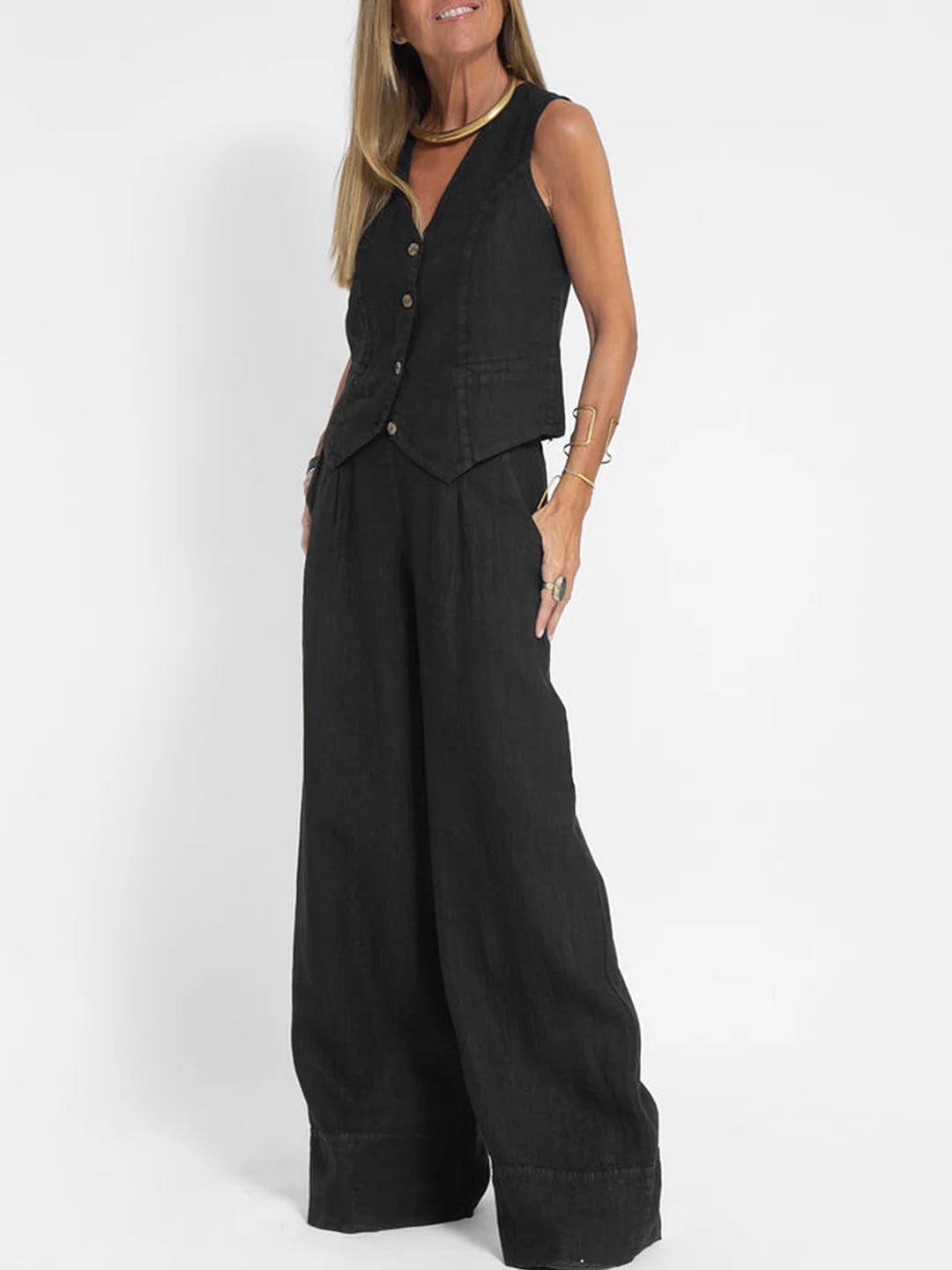 Stylish Aira Button-Up Vest and Wide-Leg Trouser Ensemble