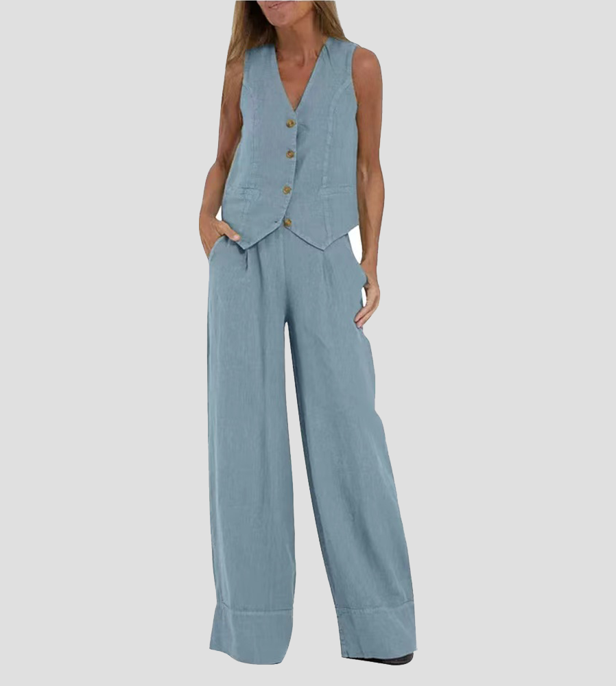Stylish Aira Button-Up Vest and Wide-Leg Trouser Ensemble