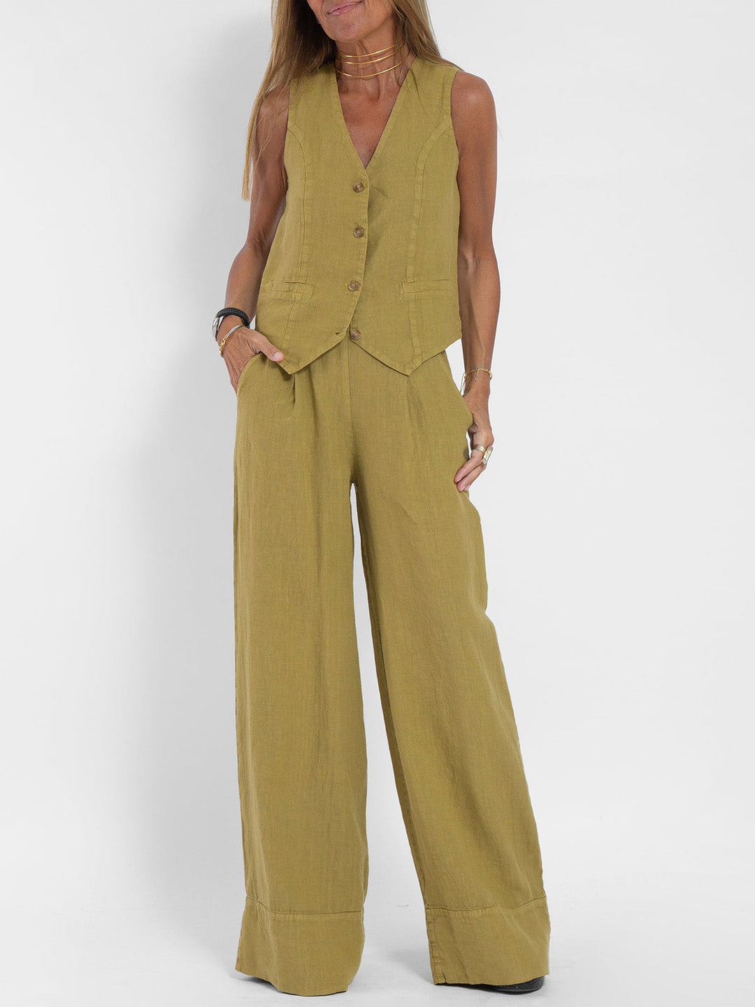 Stylish Aira Button-Up Vest and Wide-Leg Trouser Ensemble