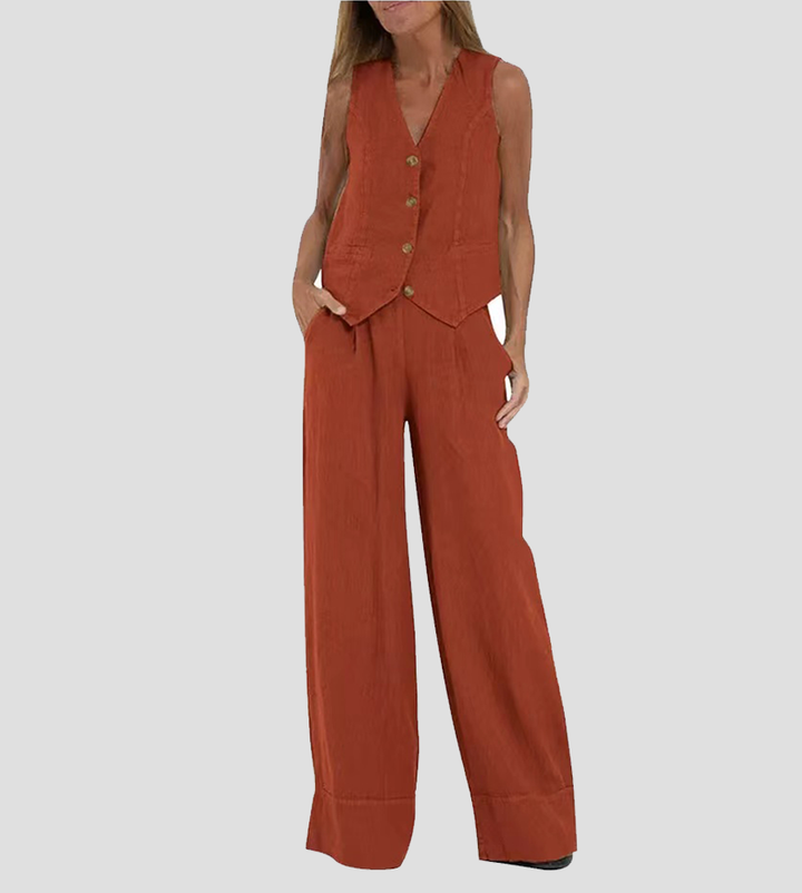 Stylish Aira Button-Up Vest and Wide-Leg Trouser Ensemble