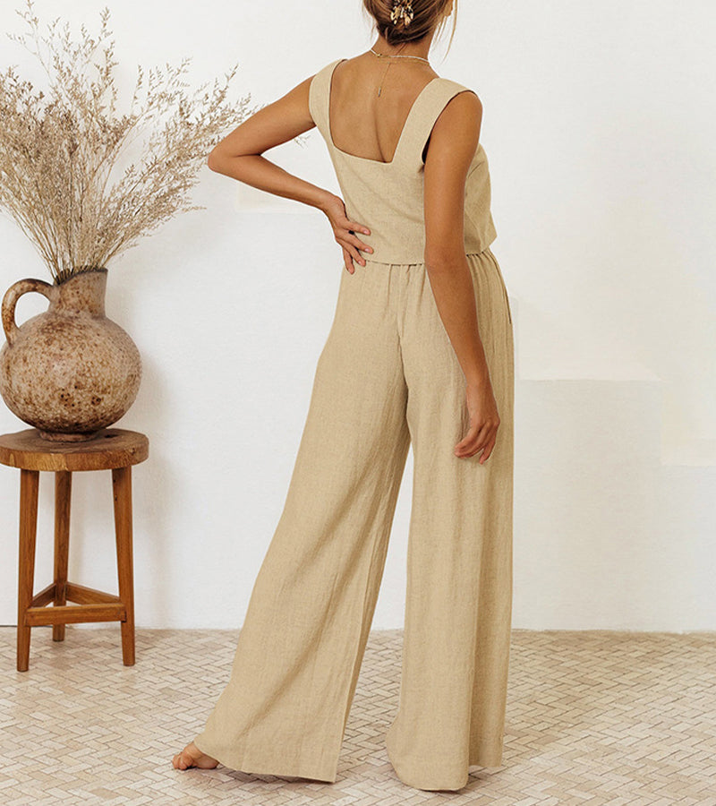Milena - Sleek Minimalist Top with Wide-Leg Trousers Ensemble