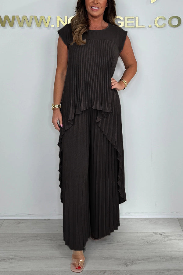 Laney Irregular Midi Top with Pleated Short Sleeves and Elastic Waist Wide Leg Pants Set